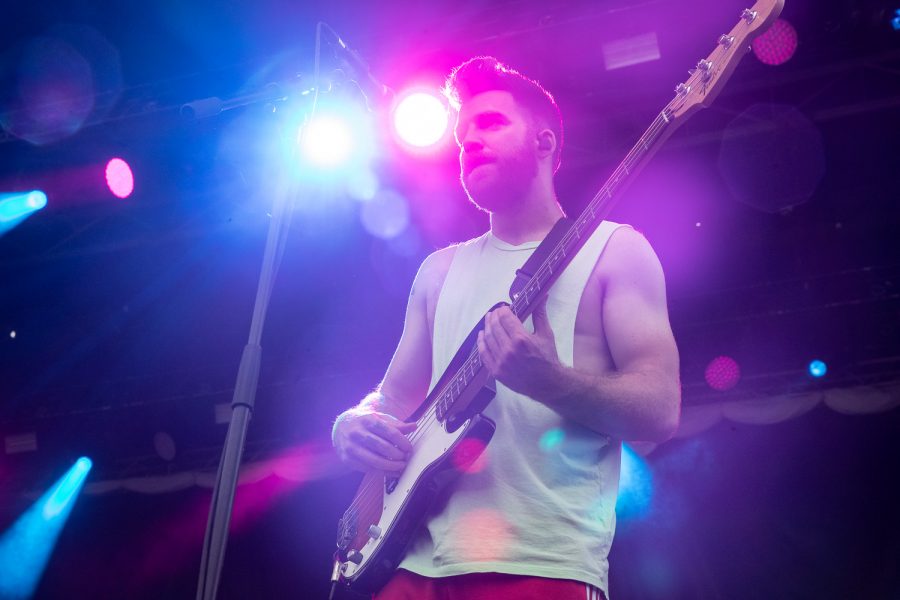 William Hehir of Misterwives plays the bass during the 2019 80/35 Festival in downtown Des Moines on Saturday, July 13, 2019. Misterwives formed in 2012 and have opened for other artists such as Panic! at the Disco, Twenty One Pilots, and Paramore. 