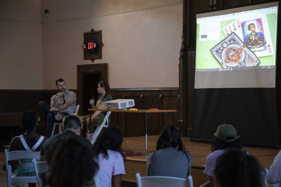 Sen. Zach Wahls and his sister Zebby Wahls speak about their playing cards, The Woman Cards, during a meeting with the Belin-Blank summer residency program at Old Brick on July 15, 2019. They spoke with students about the starting their own business.