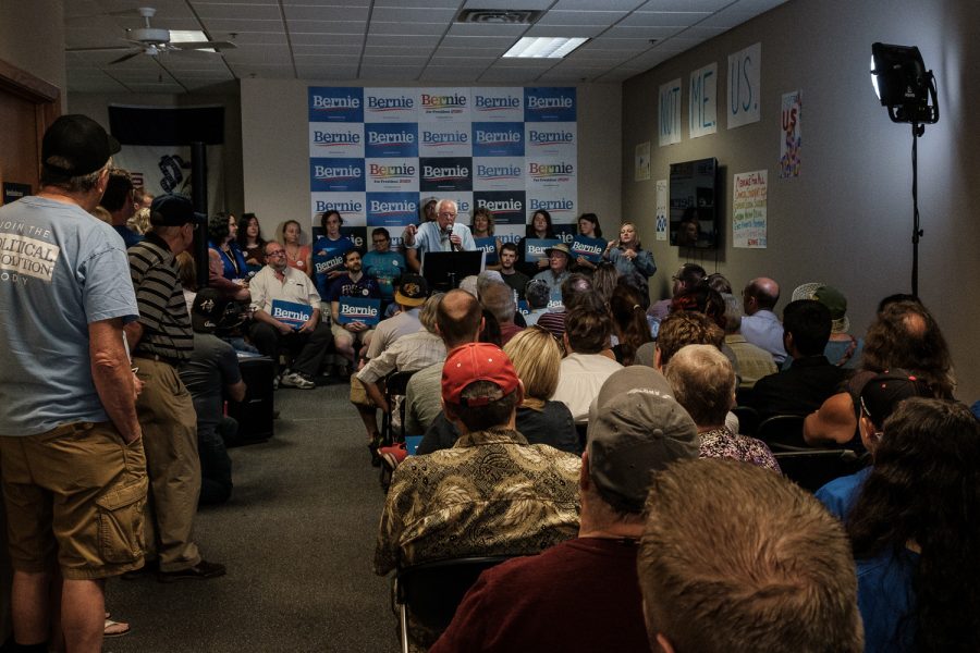 Senator Bernie Sanders, D-Vt. speaks to an audience during a rally at the new Bernie Sanders Iowa City office on Wednesday, July 3, 2019. 