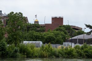 The dome of Iowa’s Old Capitol building peaks above University of Iowa campus buildings along the Iowa River north of Iowa City, Iowa on June 4, 2019. 