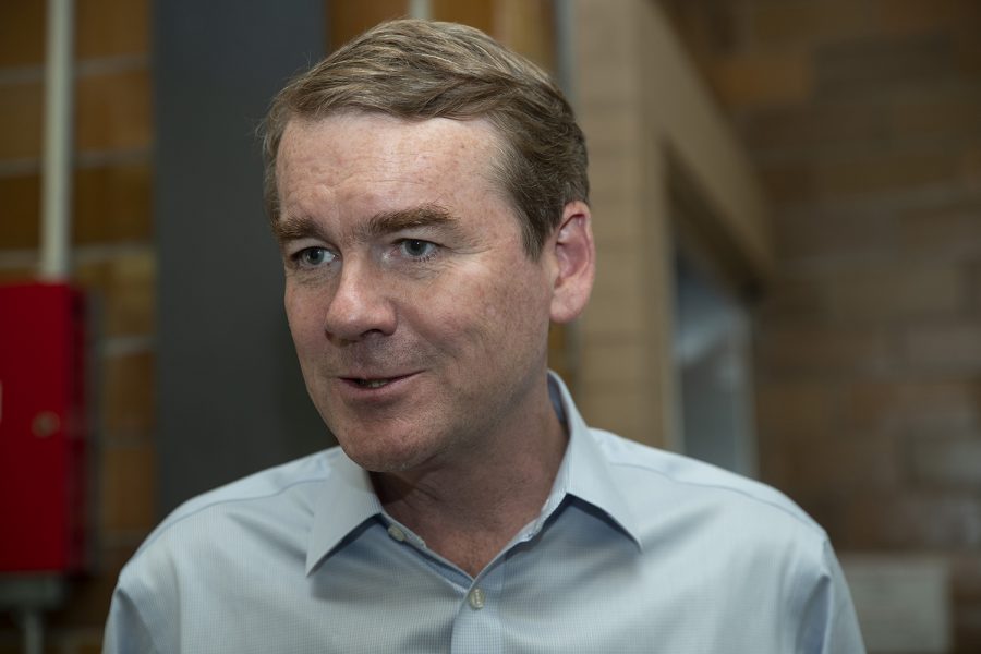 Senator Michael Bennet, D-CO, speaks with the press after a tour of the Stanley Hydraulics Lab on July 15, 2019. (Katie Goodale/The Daily Iowan)
