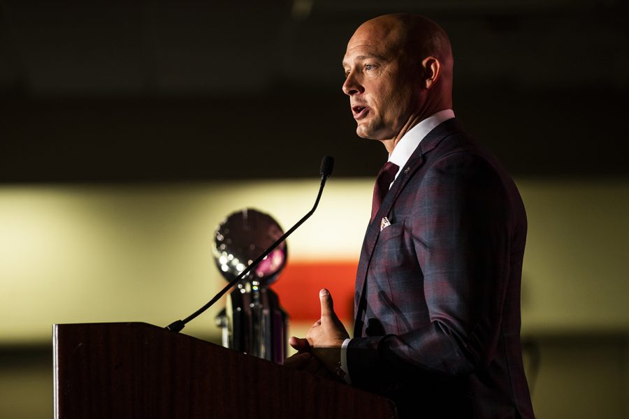Minnesota head coach P.J. Fleck speaks during the Big Ten Football Media Day in Chicago, Ill., on Thursday, July 18, 2019.