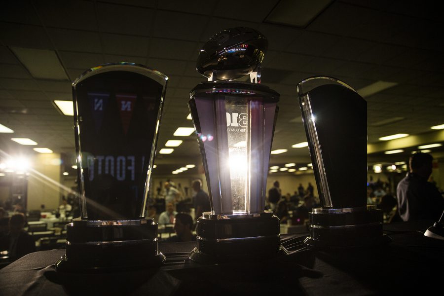 The Big Ten trophies are seen at the Big Ten Football Media Day in Chicago, Ill., on Thursday, July 18, 2019.