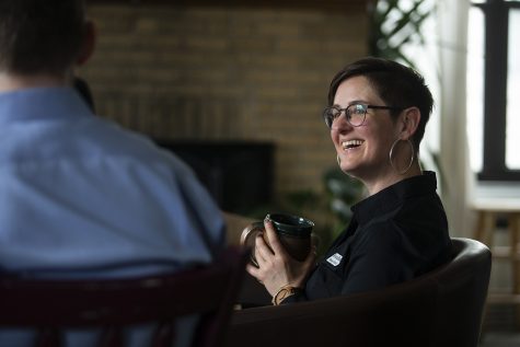 Rev. Anna Blaedel listens during a Bible study at the Wesley Center on Wednesday, May 1, 2019. Openly queer, Rev. Blaedel faced formal complaints by the United Methodist Church.