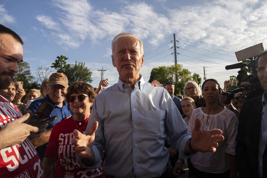 Former Vice President and 2020 democratic candidate Joe Biden greets attendees outside following his speech at the opening of his campaign office on S. Gilbert St. on Wednesday, August 7, 2019.