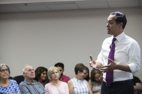Former U.S. Secretary of Housing and Urban Development and 2020 Democratic candidate Julian Castro speaks on gun violence at a town hall organized by Moms Demand Action volunteers in North Liberty on Wednesday, August 14, 2019. (Jenna Galligan/The Daily Iowan)