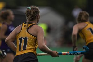 Iowa midfielder Katie Birch watches teammates during an exhibition game against Northwestern at Grant Field on Saturday, August 24, 2019. The Hawkeyes defeated the Wildcats 3-2.