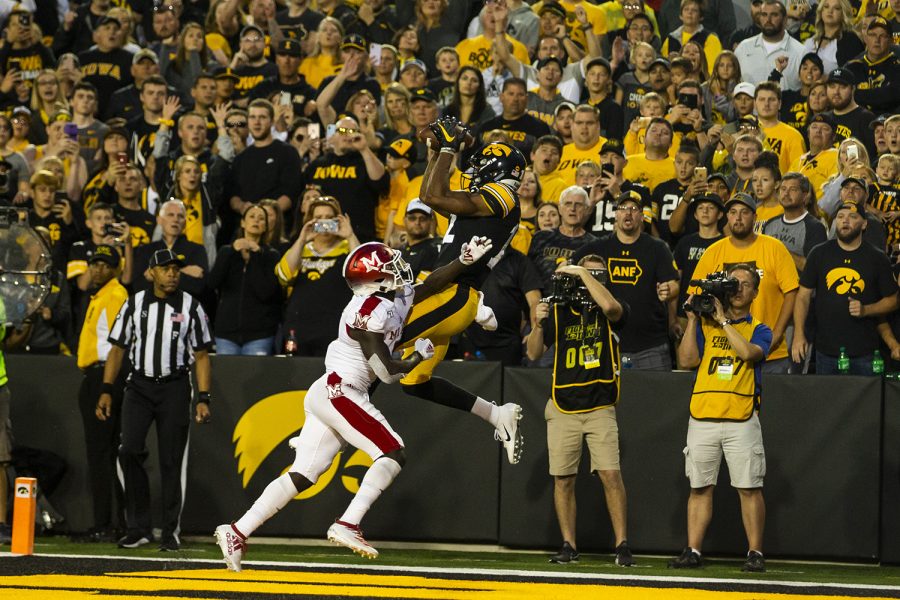 Iowa wide receiver Brandon Smith catches a touchdown during the football game against Miami (Ohio) at Kinnick Stadium on Saturday, August 31, 2019. 