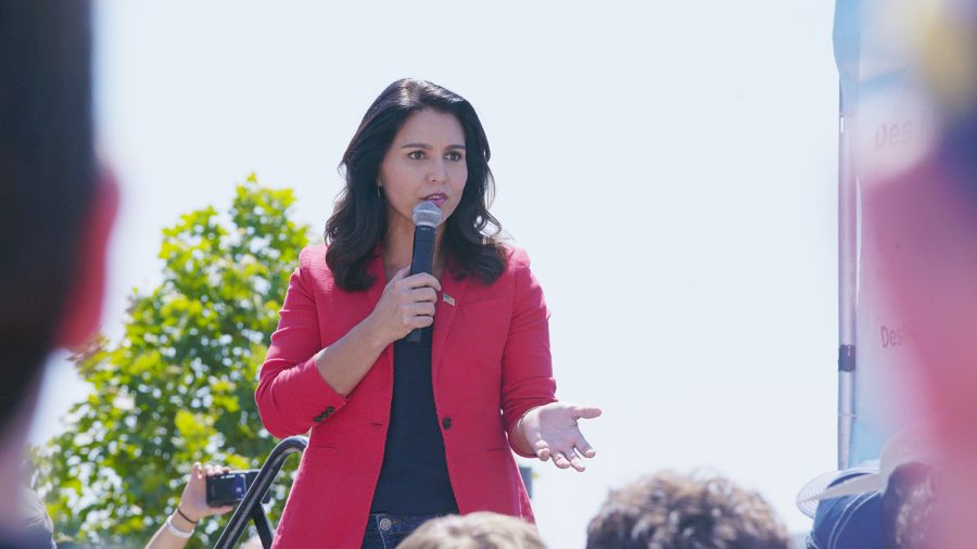 Presidential candidate Tulsi Gabbard speaks at the Iowa Des Moins Register Soapbox on Friday, August 9th, 2019. The Des Moins Register Soapbox is an annual tradition of the Iowa State Fair where politicians speak to citizens and answer questions. (Tate Hildyard/ The Daily Iowan)