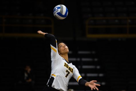 Brie Orr serves the ball during Iowas match against Eastern Illinois on Sunday, September 9, 2018 at Carver-Hawkeye Arena. The Hawkeyes won the match 3-0.(Megan Nagorzanski/ The Daily Iowan)