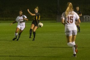 Iowa midfielder Natalie Winters passes the ball during a women’s soccer match between Iowa and Iowa State on Thursday, August 29, 2019. The Hawkeyes defeated the Cyclones, 2-1.