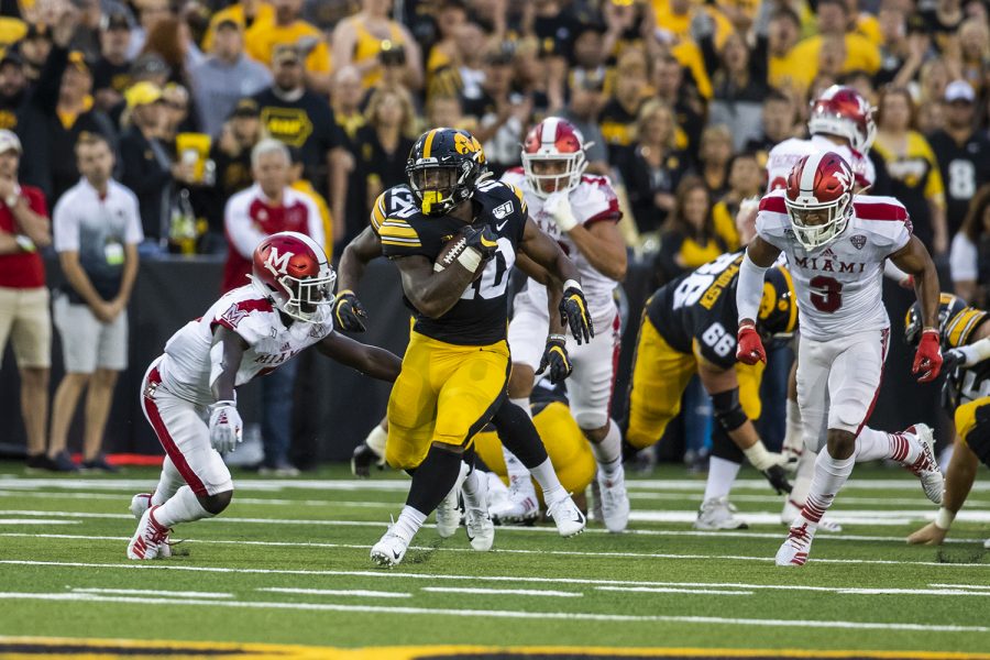 Iowa running back Mekhi Sargent runs the ball during the football game against Miami (Ohio) at Kinnick Stadium on Saturday, August 31, 2019. 