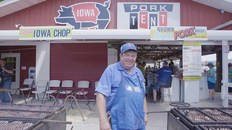 Dana Spanky Wanken poses for a portrait in front of the Pork Tent on Thursday, August 8th, 2019. The Pork tent holds an annual tradition where the State Fairs celebrity guests flip a pork chop.