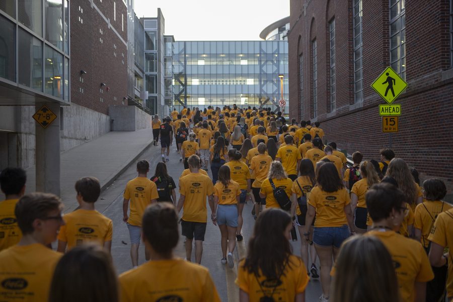 Students make their way to Kinnick Stadium for Kickoff at Kinnick on Friday, August 23, 2019. Kickoff at Kinnick is a University of Iowa tradition where Freshmen and transfer students form an I on the field.
