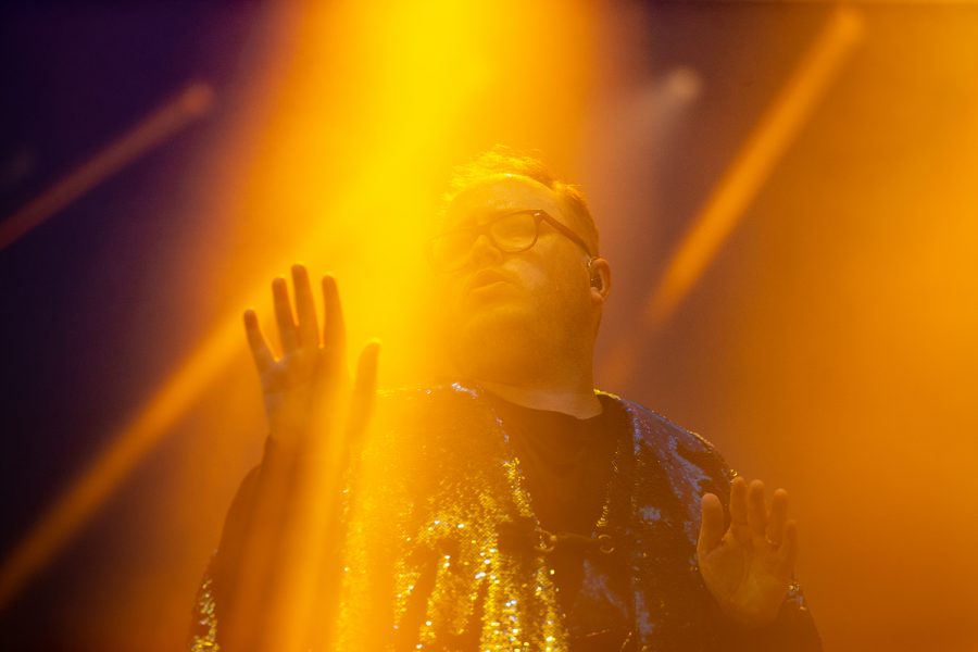The lead singer for St. Paul and The Broken Bones strikes a dramtic pose at Hinterland music festival on August 3, 2019 in Saint Charles, Iowa.
