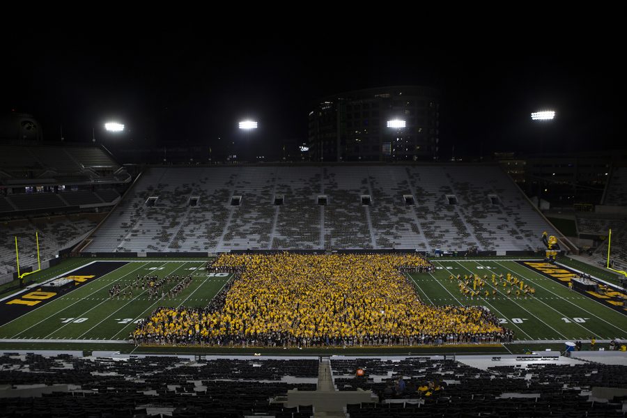 Students+form+a+block+I+at+Kickoff+at+Kinnick+on+Friday%2C+August+23%2C+2019.+Kickoff+at+Kinnick+is+a+University+of+Iowa+tradition+where+Freshmen+and+transfer+students+form+an+I+on+the+field.+