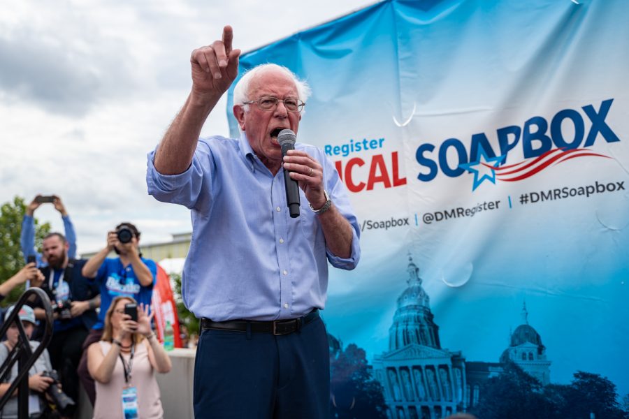 Sen. Bernie Sanders, I-VT, speaks at the Des Moines Register Political Soapbox during the Iowa State Fair in Des Moines, IA on Sunday, August 11, 2019.