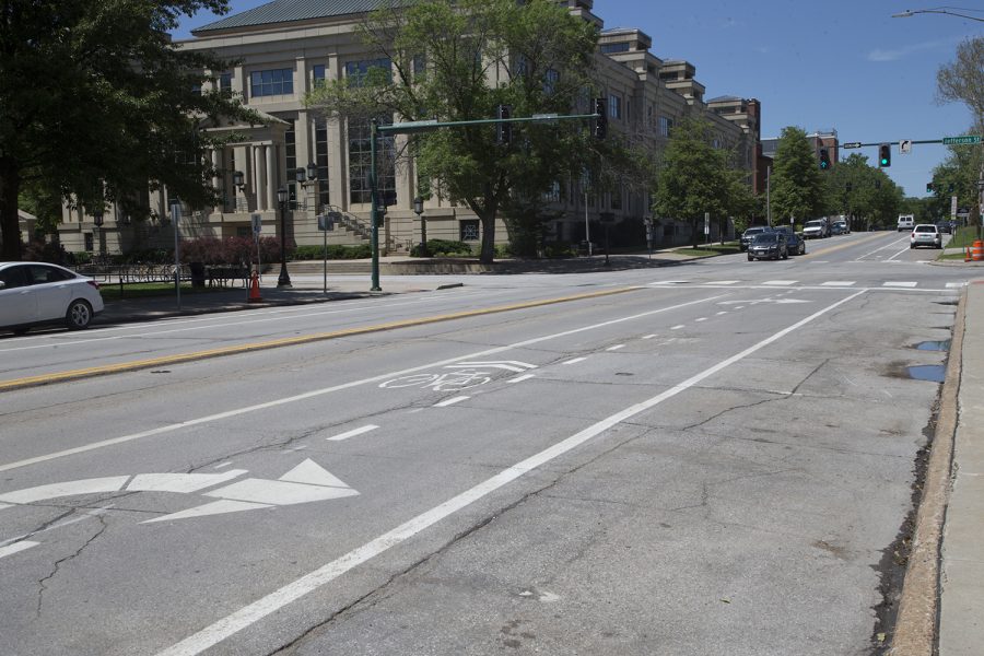 Bike lanes are seen painted on Clinton St. in downtown Iowa City on Wednesday, June 5, 2019. 