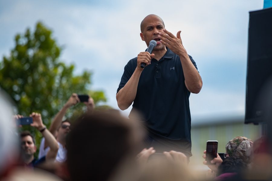 Sen. Cory Booker, D-NJ, speaks at the Des Moines Register Political Soapbox during the Iowa State Fair in Des Moines, IA on Saturday, August 10, 2019. (Shivansh Ahuja/The Daily Iowan)