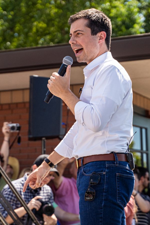 Pete Buttigieg, mayor of South Bend, IN, speaks at the Des Moines Register Political Soapbox during the Iowa State Fair in Des Moines, IA on Tuesday, August 13, 2019. 