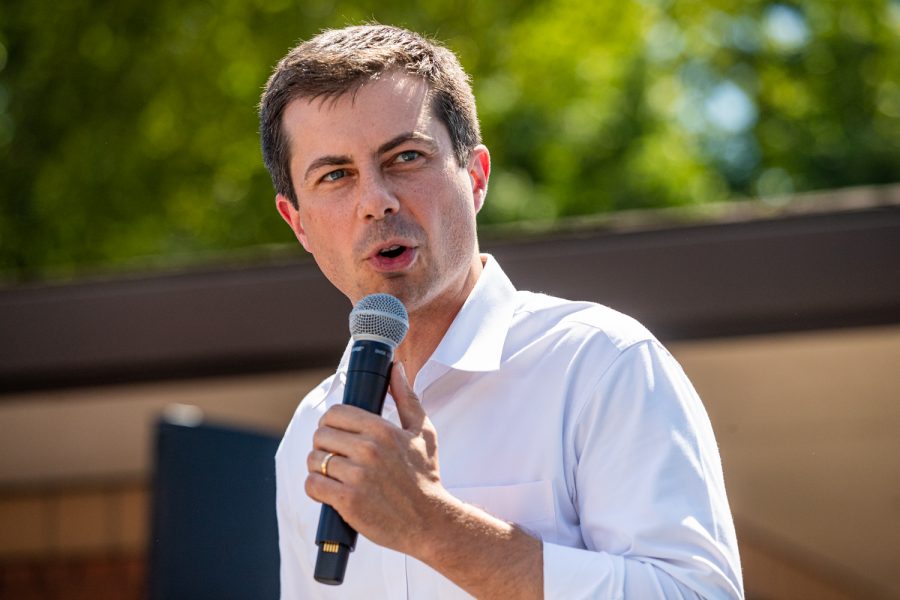 Pete Buttigieg, mayor of South Bend, Indiana and 2020 Democratic presidential-nomination candidate, speaks at the Des Moines Register Political Soapbox during the Iowa State Fair in Des Moines on Tuesday, Aug. 13, 2019. 