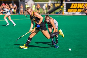 Iowa midfielder Katie Birch loses control of the ball during a field hockey match against Penn on Friday, Sep. 14, 2018. The Hawkeyes defeated the Quakers 3–0. 