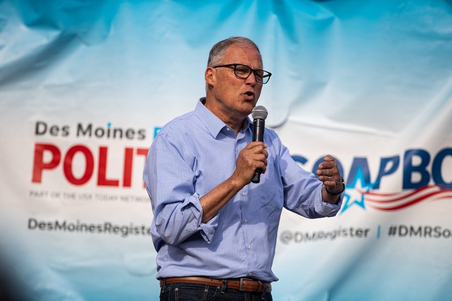 Washington Gov. Jay Inslee speaks at the Des Moines Register Political Soapbox during the Iowa State Fair in Des Moines, IA on Saturday, August 10, 2019. 
