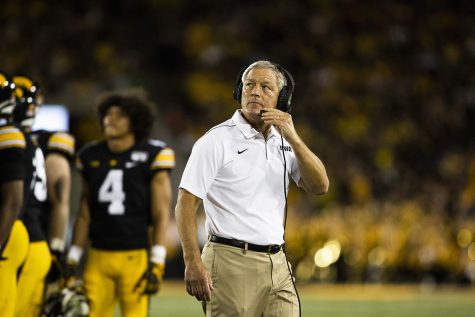  Iowa head coach Kirk Ferentz looks to the stands during the football game against Miami (Ohio) at Kinnick Stadium on Saturday, August 31, 2019. 