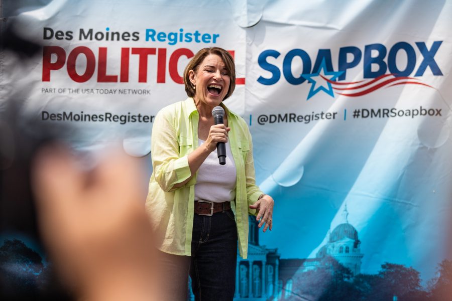 Sen. Amy Klobuchar, D-Minn., speaks at the Des Moines Register Political Soapbox during the Iowa State Fair in Des Moines, IA on Saturday, August 10, 2019. 