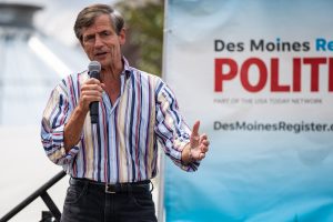 Former representative Joe Sestak speaks at the Des Moines Register Political Soapbox during the Iowa State Fair in Des Moines, IA on Saturday, August 10, 2019. 