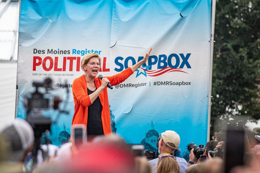 Sen. Elizabeth Warren, D-Mass., speaks at the Des Moines Register Political Soapbox during the Iowa State Fair in Des Moines, IA on Saturday, August 10, 2019. 