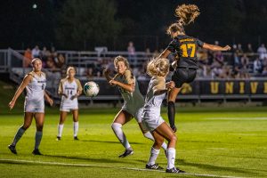 Iowa defender Hannah Drkulec (17) takes a shot during a womens soccer match between Iowa and Western Michigan on Thursday, August 22, 2019. The Hawkeyes defeated the Broncos, 2-0.