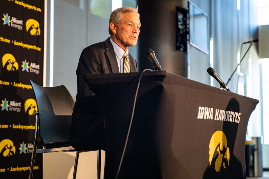 Iowa head coach Kirk Ferentz answers questions at Iowa Football Media Day on Friday, August 9, 2019. 