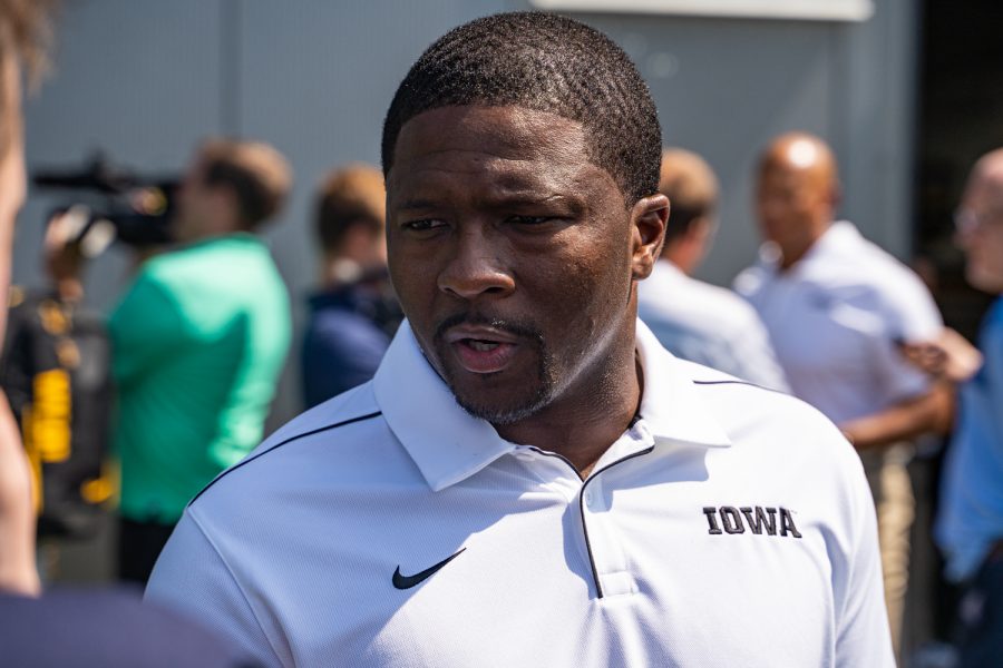 Iowa running backs coach Derrick Foster answers questions at Iowa Football Media Day on Friday, August 9, 2019. 