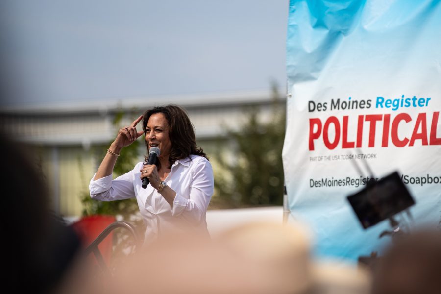 Sen. Kamala Harris speaks at the Des Moines Register Political Soapbox during the Iowa State Fair in Des Moines, IA on Saturday, August 10, 2019.