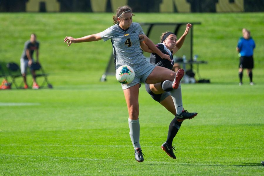 Iowa forward Kaleigh Haus controls a pass during Iowas match against Illinois State on Sunday, September 1, 2019. The Hawkeyes defeated the Red Birds 4-3.