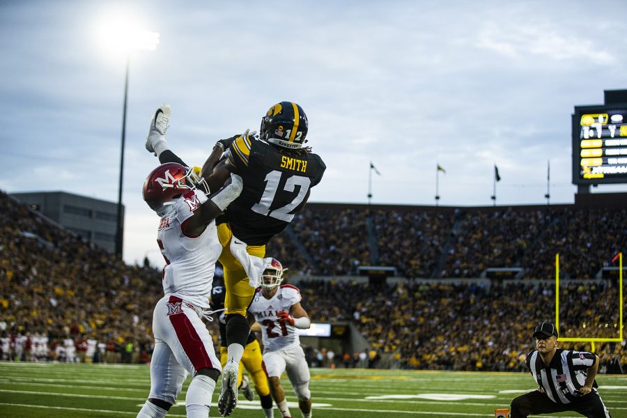 Iowa wide receiver Brandon Smith catches an out of bounds pass during the Iowa football game against Miami (Ohio) at Kinnick Stadium on Saturday, August 31, 2019. The Hawkeyes defeated the Redhawks 38-14.