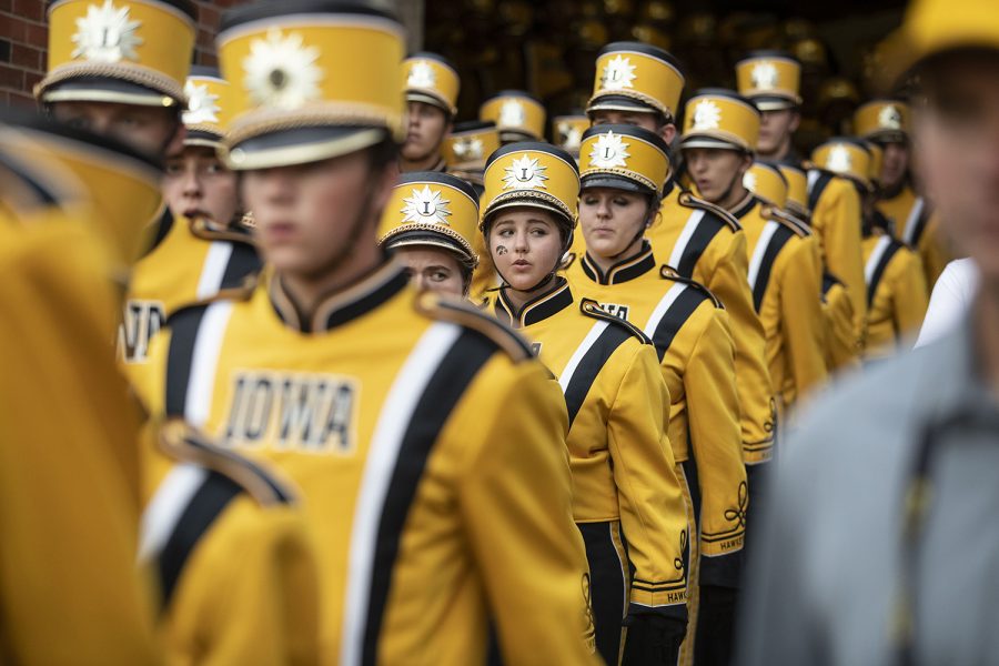 Members of the Hawkeye Marching Band come out of the Northwest tunnel during Iowa football vs. Miami (Ohio) at Kinnick Stadium on Aug. 31, 2019. Iowa defeated the Miami (Ohio) 38-14.