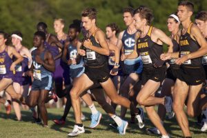 Runners begin the 6000 meter race during the Hawkeye Invitational on Friday, Sept. 6, 2019 at the Ashton Cross Country Course. The Hawkeyes prevailed over six other teams to win first place overall in the menÕs and womenÕs races. Drake UniversityÕs Adam Fogg finished in first place with a time of 18:06.8.