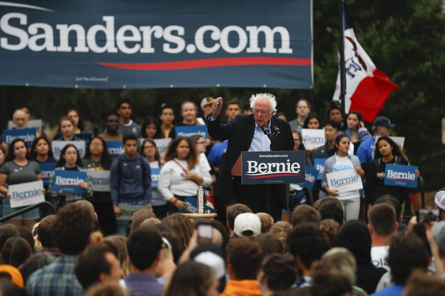 2020 Democratic candidate Sen. Bernie Sanders, I-Vt, speaks during the Bernie 2020 College Campus Tailgate Tour on The Old Capitol lawn on Sunday, September 8, 2019. 