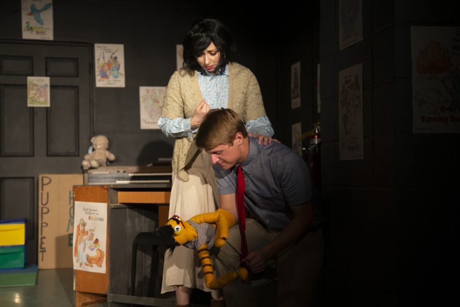 Zach Vig (Jason/Tyrone) and Eva Giacomo (Margery) run a scene before the opening night performance of Hand to God on Friday, Sept. 20, 2019 at Public Space One. 