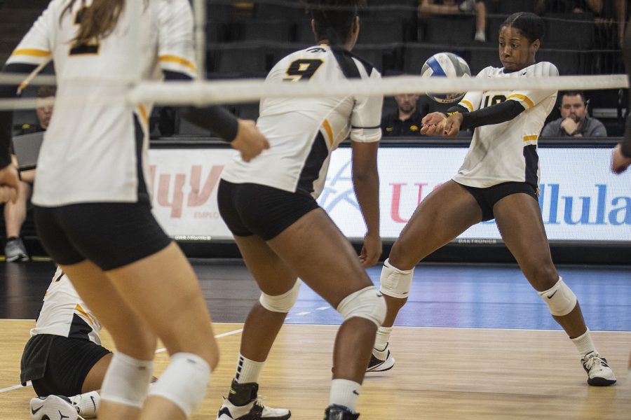 Iowa’s Griere Hughes serves the ball during an Iowa vs. Lipscomb volleyball game at Carver-Hawkeye Arena on Friday Sept. 20, 2019. The Hawkeyes defeated the Bisons 3-0.