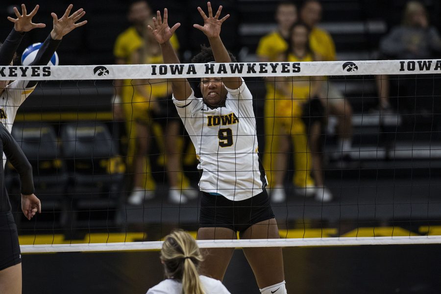 Iowa’s Amiya Jones attempts to block the ball during an Iowa vs. Lipscomb volleyball game at Carver-Hawkeye Arena on Friday Sept. 20, 2019. The Hawkeyes defeated the Bisons 3-0.