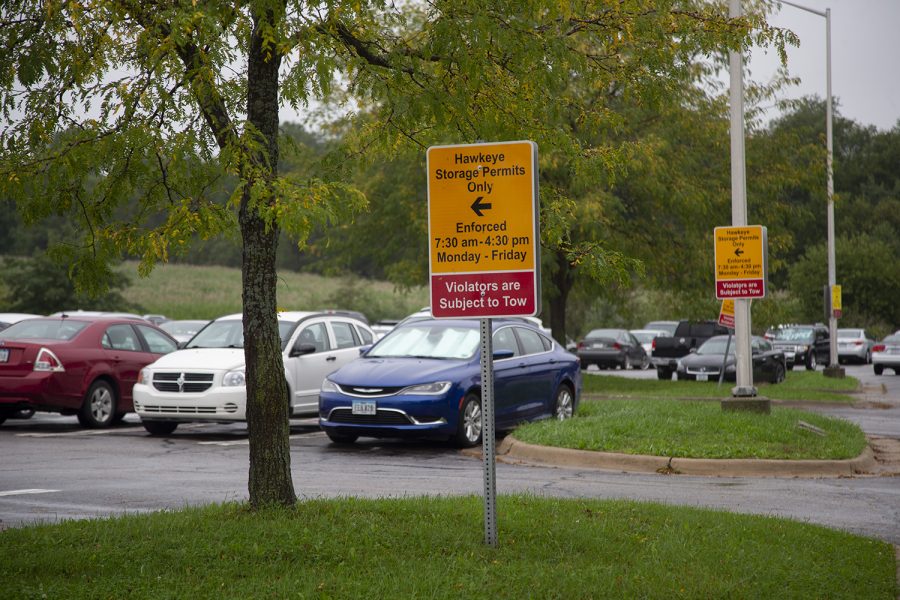 Cars are parked in the Hawk Lot on Sunday, Sept. 29, 2019. The Hawk Lot typically houses the cars of students who live in the residence halls. 