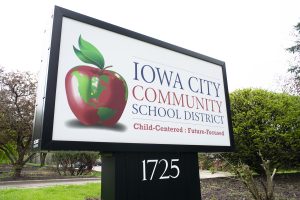 The Iowa City Community School District sign is seen on Apr. 29, 2019.
