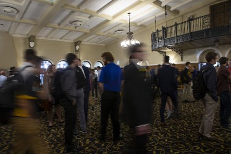 Attendees participate in speed networking during the Sports and Recreation Management Symposium in the IMU on Friday, September 6, 2019. (Katie Goodale/The Daily Iowan)