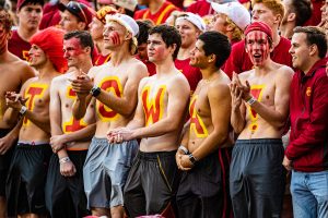 Iowa State fans watch the action during a football game between Iowa and Iowa State at Jack Trice Stadium in Ames on Saturday, September 14, 2019. The Hawkeyes retained the Cy-Hawk Trophy for the fifth consecutive year, downing the Cyclones, 18-17. 