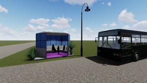 A rendering of the new bus stop in Plymouth, Iowa is shown. 