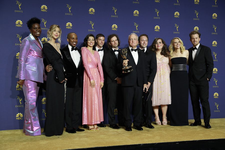 Lorne Michaels and SNL cast backstage during the 70th Primetime Emmy Awards at the Microsoft Theater in Los Angeles on Monday, Sept. 17, 2018. (Allen J. Schaben/Los Angeles Times/TNS)