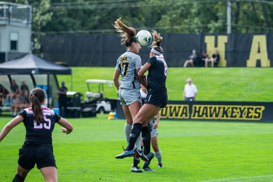 Iowa+defender+Hannah+Drkulec+heads+the+ball+during+Iowas+match+against+Illinois+State+on+Sunday%2C+September+1%2C+2019.+The+Hawkeyes+defeated+the+Red+Birds+4-3.